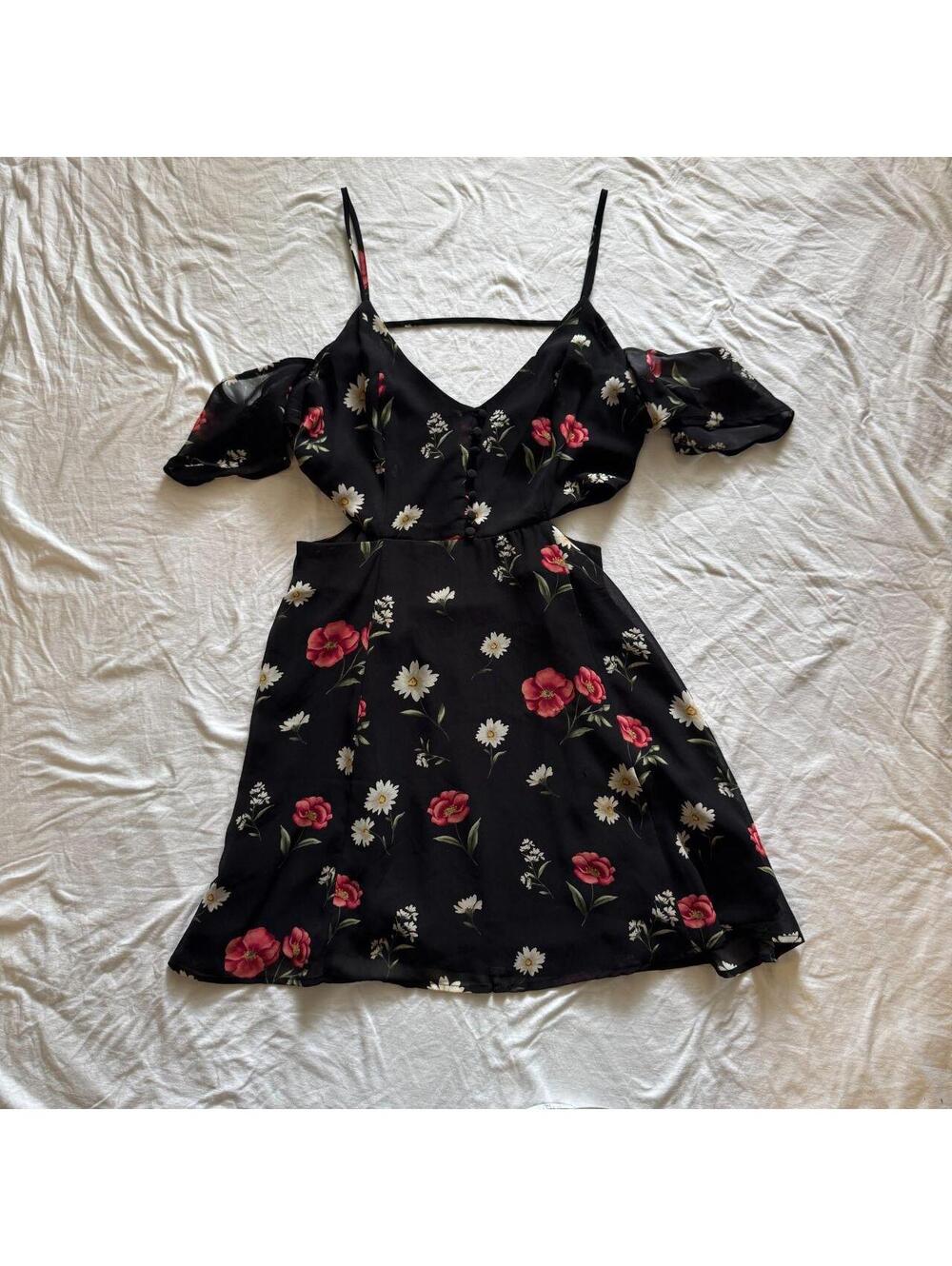 Black floral grunge Y2K babydoll mini dress cutouts indie sleaze Size M